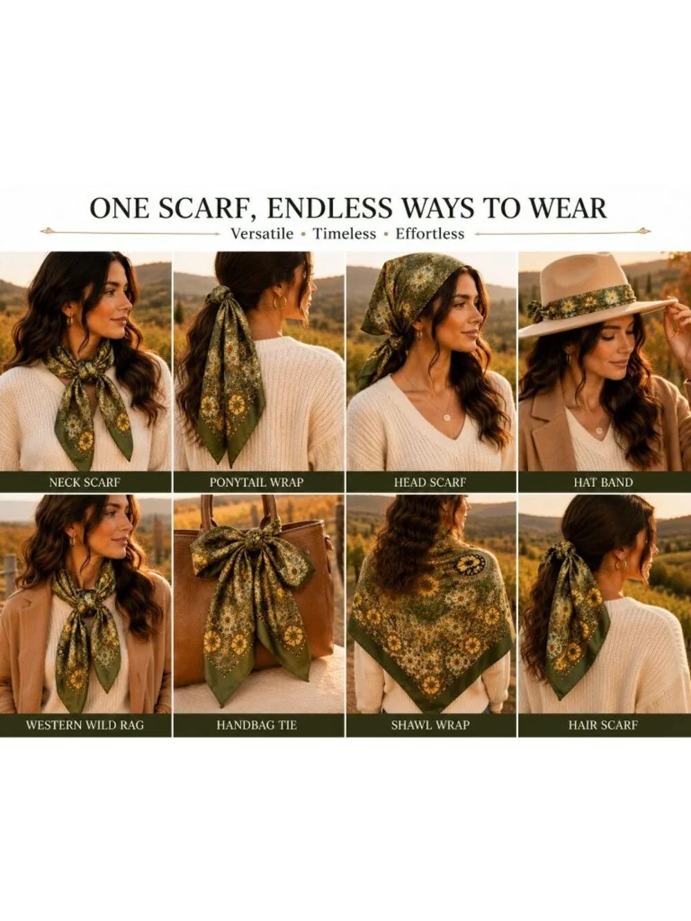 Olive Green Satin Paisley Wild Rag Scarf 35x35 Western Cowgirl